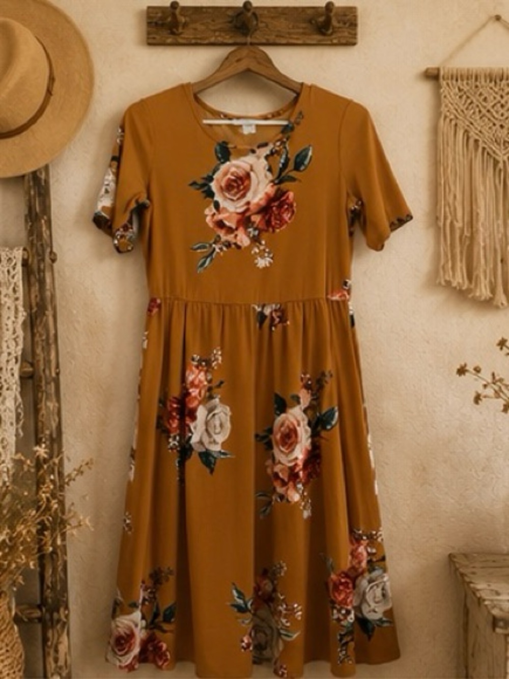 Discreet Dress Mustard Floral Short-Sleeve Dress